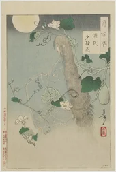Yûgao-luku teoksesta The Tale of Genji, 1886, 3. kuukausi (puupalikkapainatus; muste ja väri paperille)
